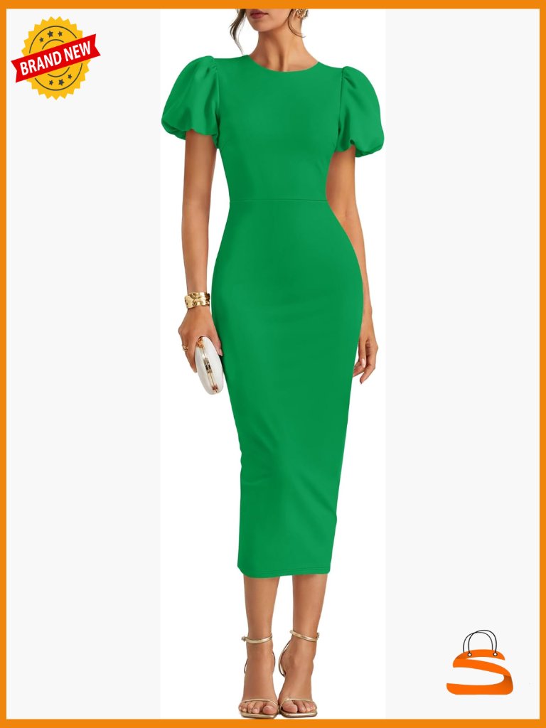 Women's Midi Dress Bodycon Short Sleeve Back Zipper Puff Sleeve Cocktail Formal